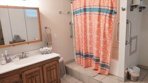 Combined shower/tub - The Jalapeño- Historic Adobe Home in Walkable Area (Carlsbad)