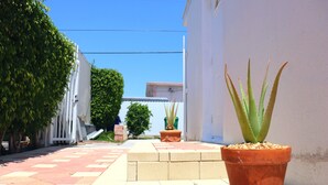 A paved pathway with potted plants and a white building. - Perfect Escape From Home / Hogar Lejos De Casa (Miami)