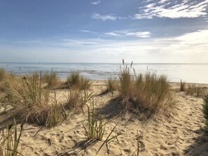 Een zanderig strand met weinig begroeiing en een rustige zee onder een licht bewolkte lucht.