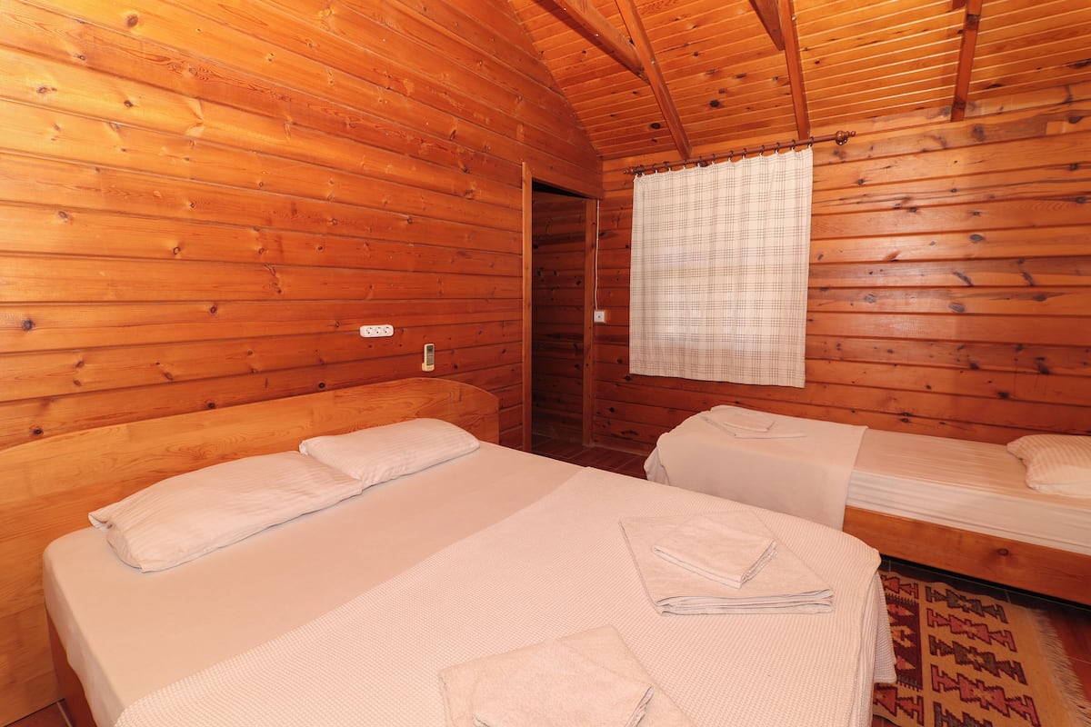 A cabin with two beds, wooden walls, and a window with a curtain.
