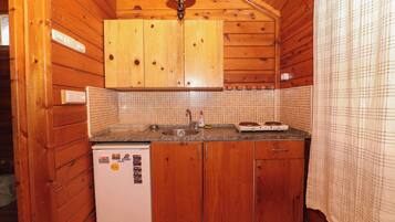 A compact kitchen with wooden cabinets, a built-in sink, a refrigerator, and a microwave.