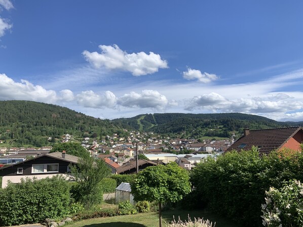 A residential area with houses, a green hill, and a clear sky.