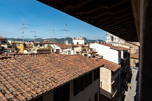 On aperçoit des toits recouverts de tuiles en terre cuite, surmontés de nombreuses antennes, ce qui témoigne d’une zone urbaine densément peuplée, caractérisée par une architecture historique.