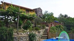 Una piscina con uno scivolo e un piccolo cerchio gonfiabile, circondata da un muro in pietra e vegetazione.