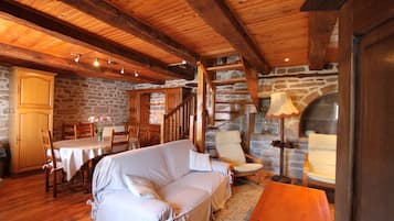 Smart TV, chimenea, reproductor de DVD, libros