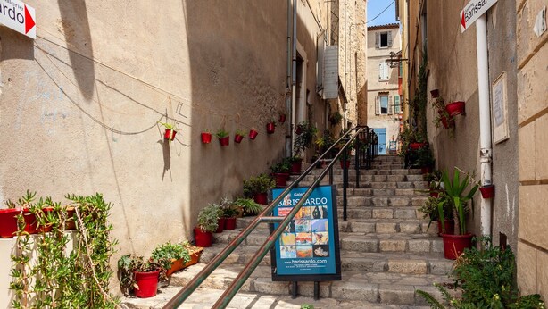 Une rue étroite, avec des marches en pierre, des plantes en pot et une enseigne indiquant « Galeria Barissardo ».