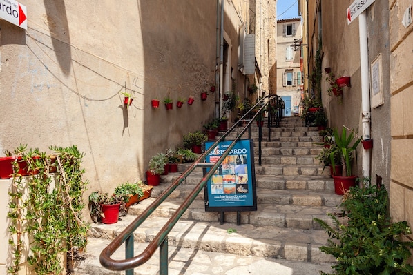 A narrow street with stone steps, potted plants, and a sign for 'Galeria Barissardo.'