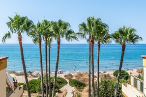 A beach with palm trees, a clear blue sky, and the ocean.