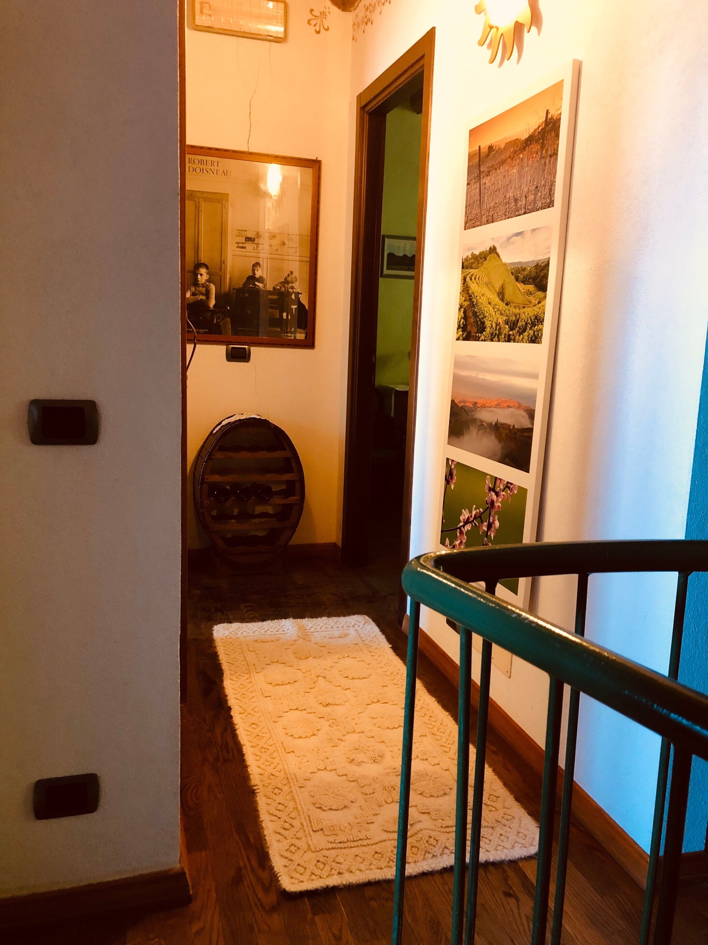 A hallway with a wooden floor, a white rug, a green railing, a mirror, and a wall with framed pictures.