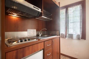Fridge, stovetop, cookware/dishes/utensils