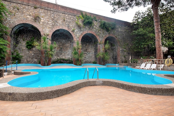 A swimming pool with a stone wall, arched openings, and palm trees.