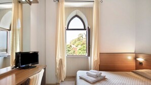 Een hotelkamer met een bed, een bureau met televisie, een raam met gordijnen en uitzicht op groen.