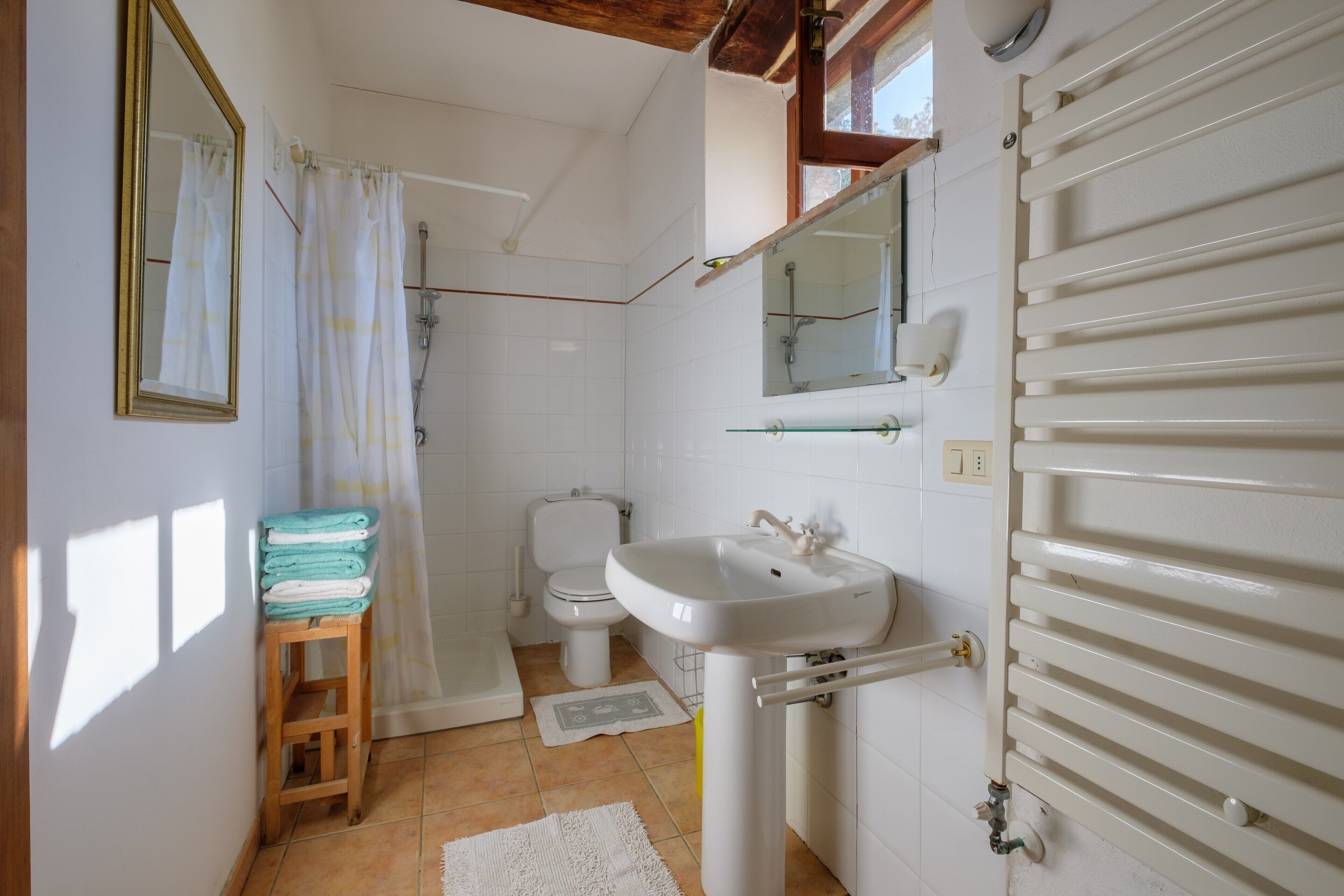 Shower, free toiletries, hair dryer, towels