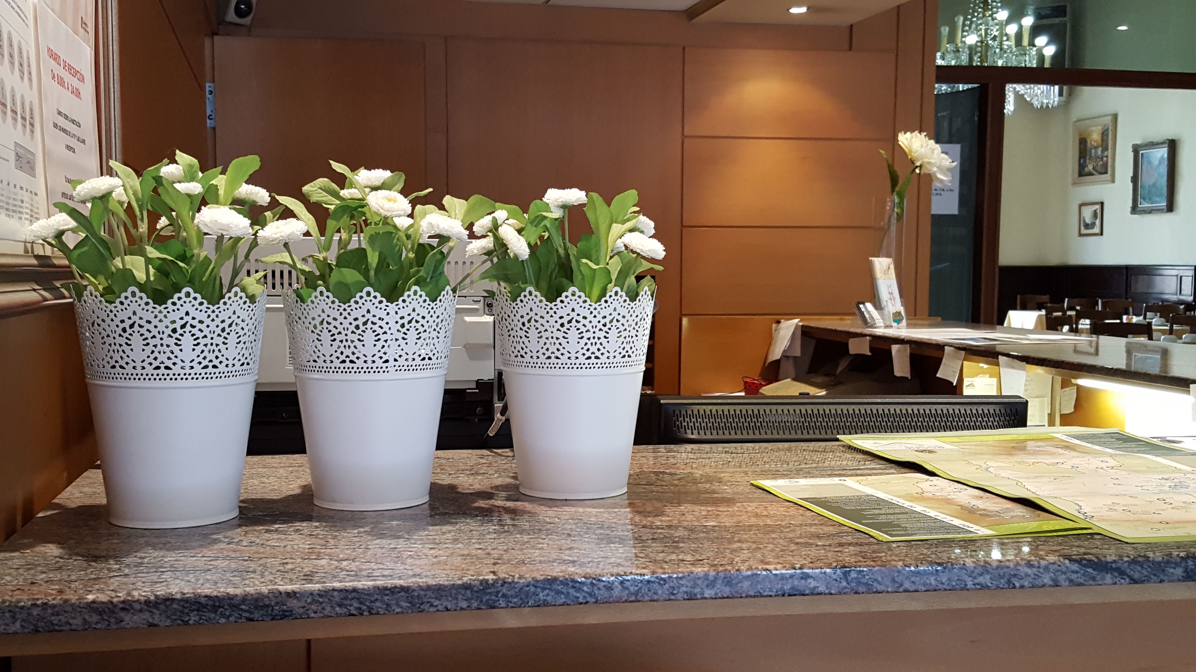 A reception desk with three white planters with lace tops, a map, and a small vase with a single white flower.