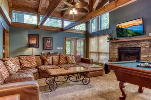 Smart TV, fireplace, video games, foosball