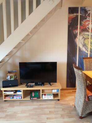 Una sala de estar con un televisor de pantalla plana sobre un soporte de madera, una estantería con libros, un sillón de mimbre y una escalera.