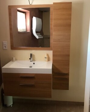 Une salle de bain avec un meuble-lavabo en bois, un évier et un miroir.
