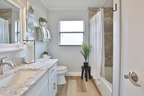 Shower, hair dryer, towels