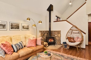 TV, fireplace, books, offices