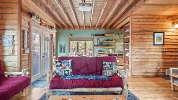 Tv, eldstad, böcker och kontor