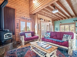 TV, fireplace, books, offices