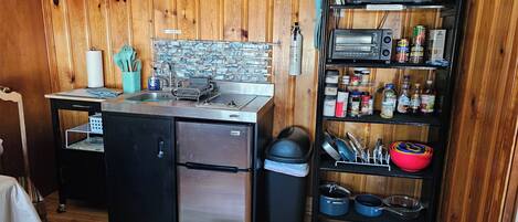 A compact kitchenette with a stainless steel refrigerator, a microwave, and a sink with a dish rack.