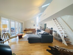 Smart TV, chimenea, reproductor de DVD y libros