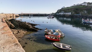 Un puerto con barcos amarrados, un muelle y edificios en una colina.