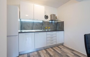 Fridge, stovetop, dishwasher, coffee/tea maker