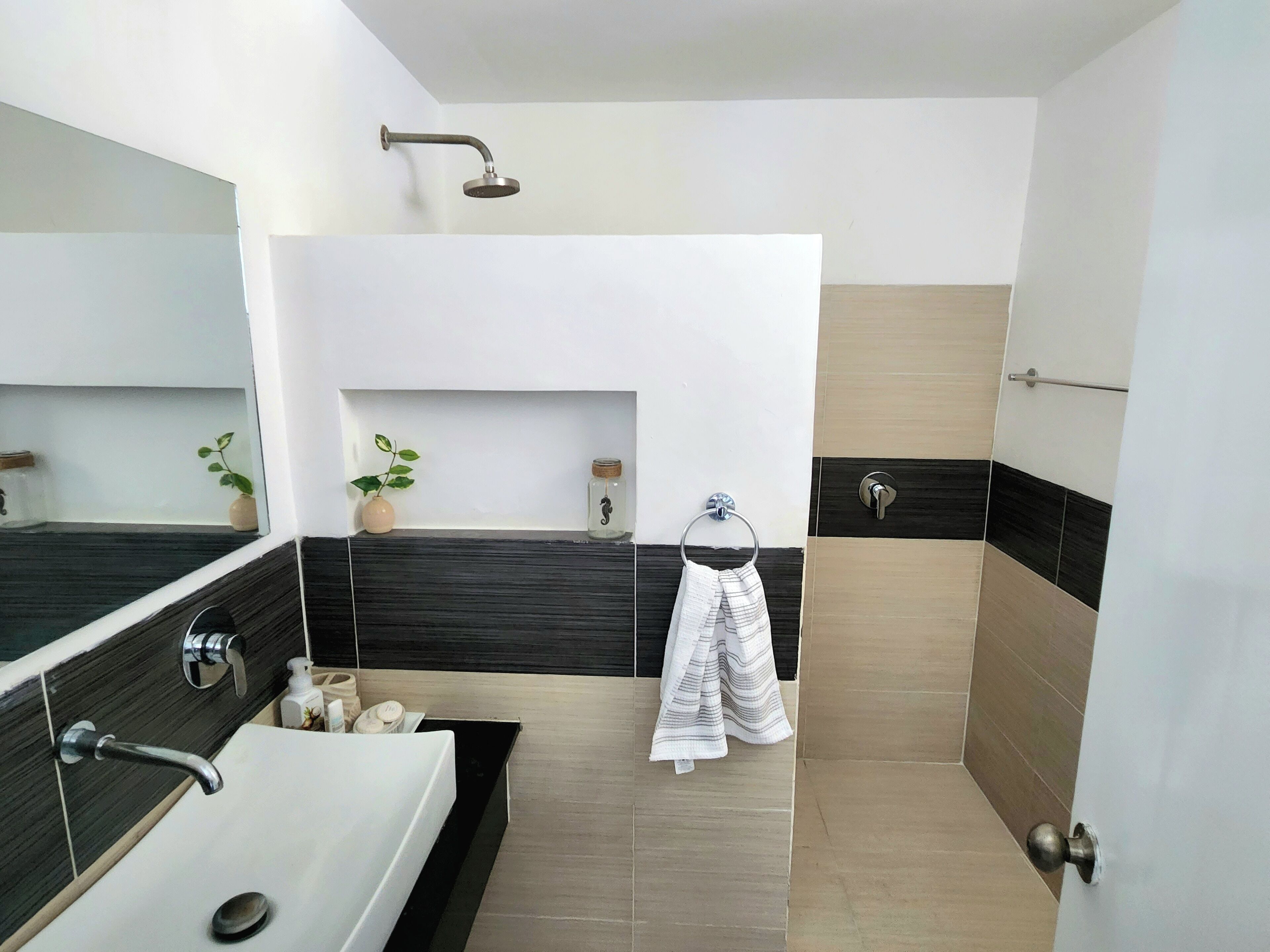 Een moderne badkamer met een witte wastafel, een spiegel, een handdoekhouder, een douchekop en een klein plankje met een plant en een fles.