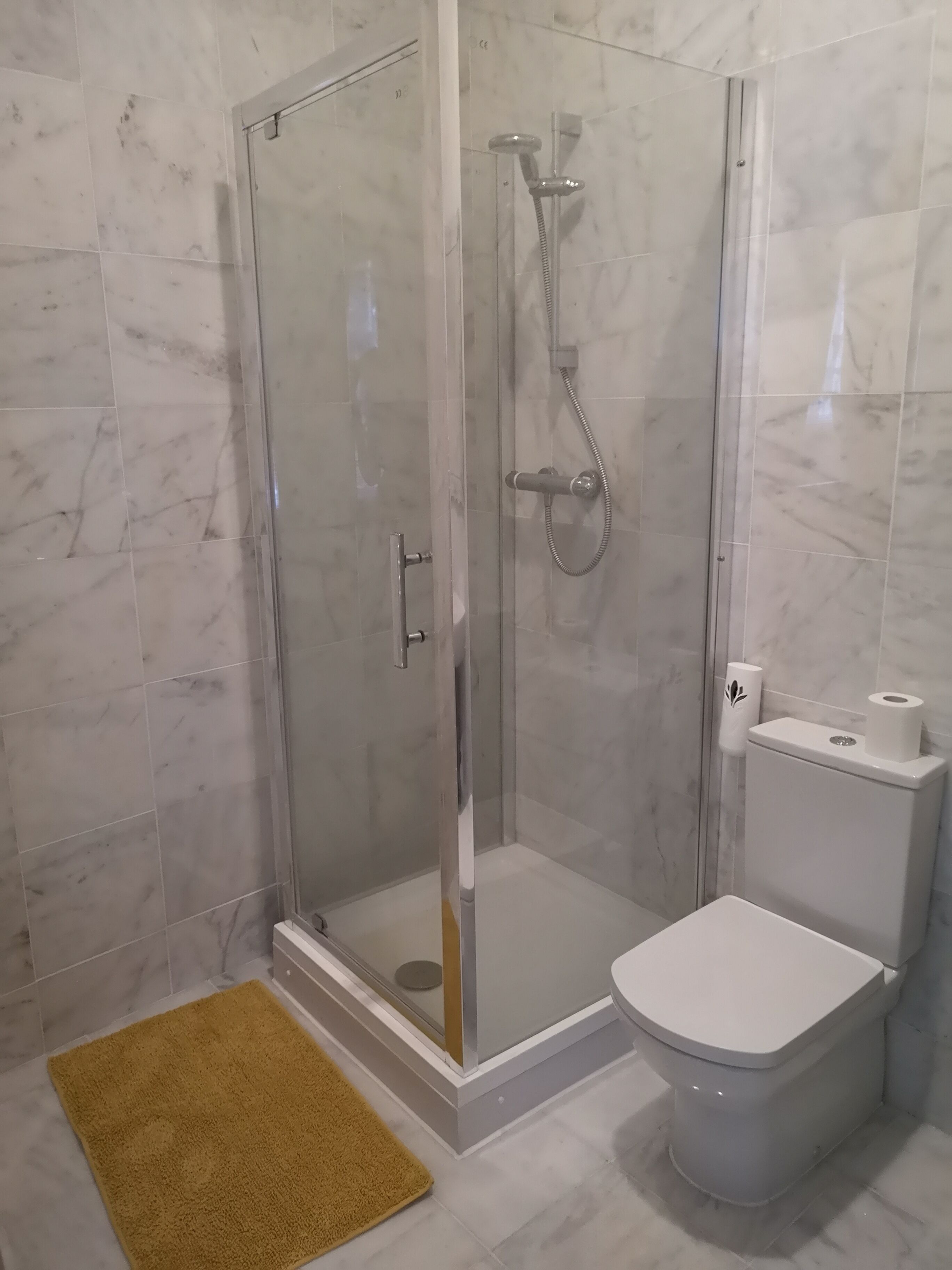 A bathroom with a glass-enclosed shower, a toilet, and a marble-tiled floor.