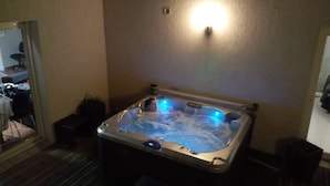 A hotel room with a hot tub, a mirror, and a small plant. - VILLA WITH HEATED SWIMMING POOL JACCUZI SAUNA (Barjac)