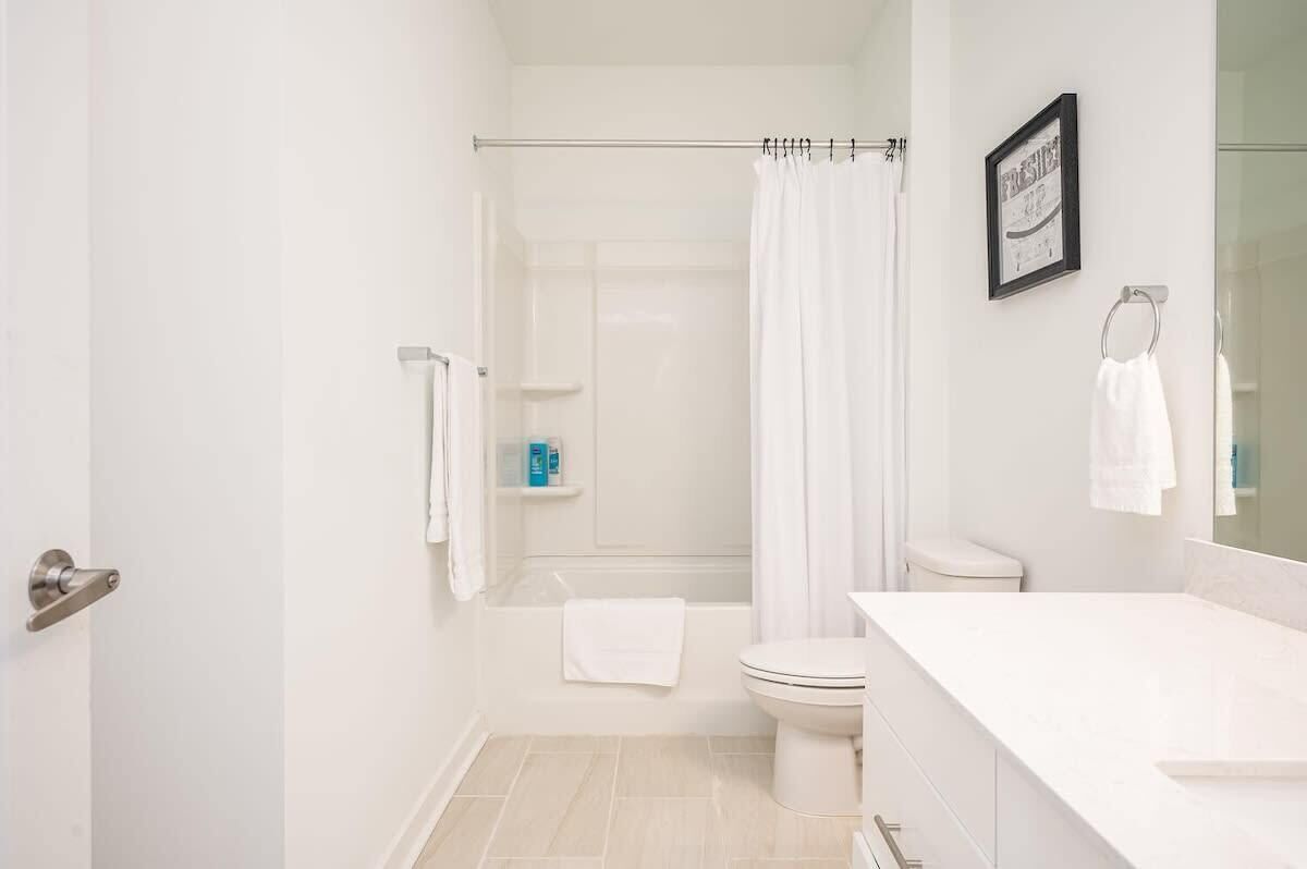 A modern bathroom with a shower, toilet, and a vanity with a mirror.