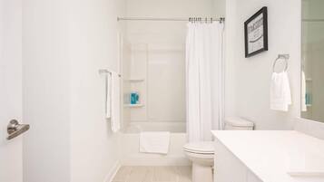 A modern bathroom with a shower, toilet, and a vanity with a mirror.