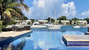 A marina with boats, a swimming pool, and palm trees.