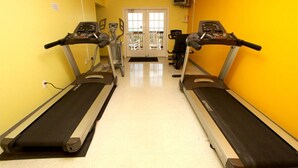 Une salle de sport équipée de deux tapis de course, d’une porte et d’un téléviseur fixé au mur.