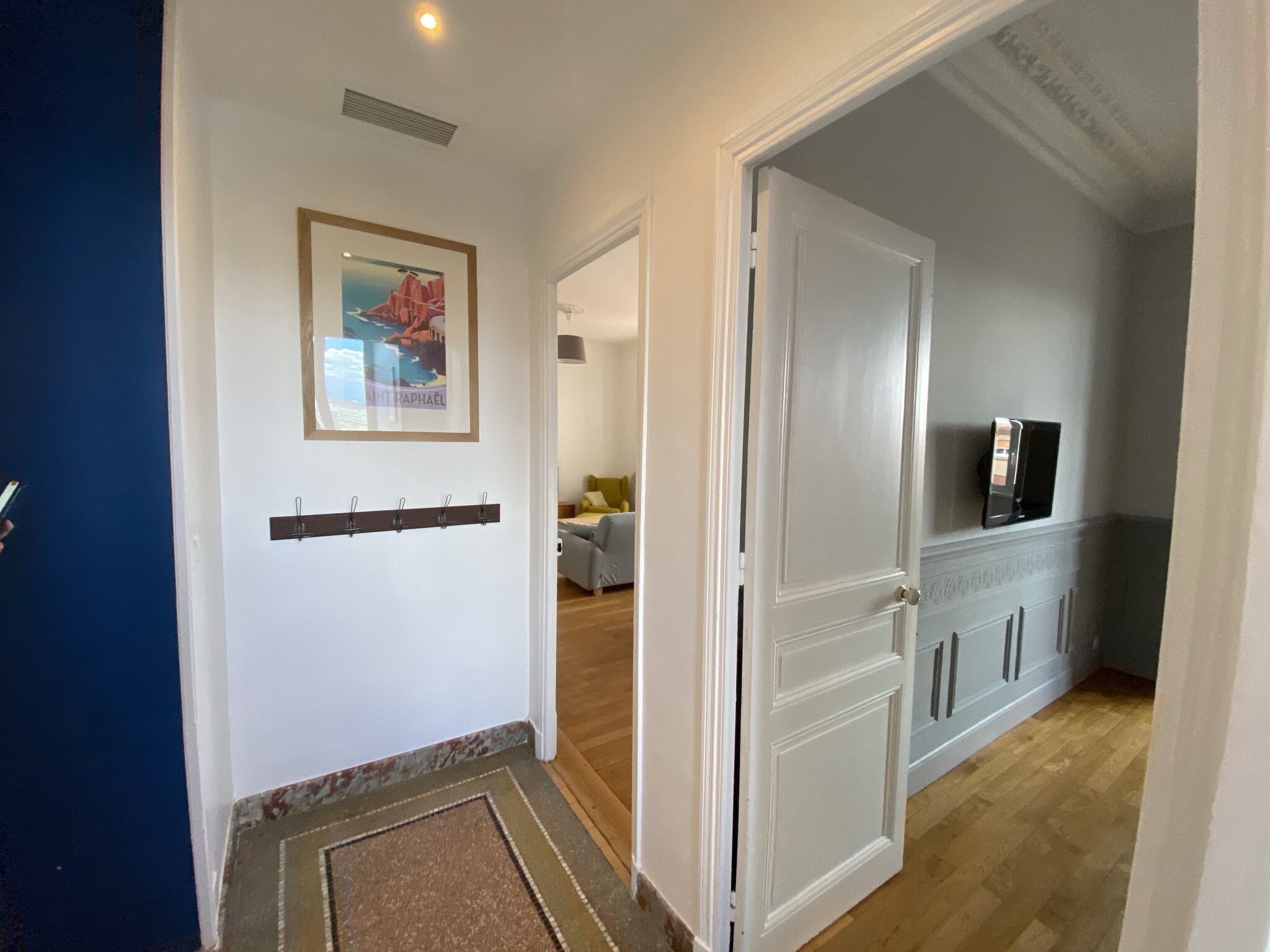Un couloir avec une porte blanche, un porte-manteau et un tableau encadré accroché au mur.