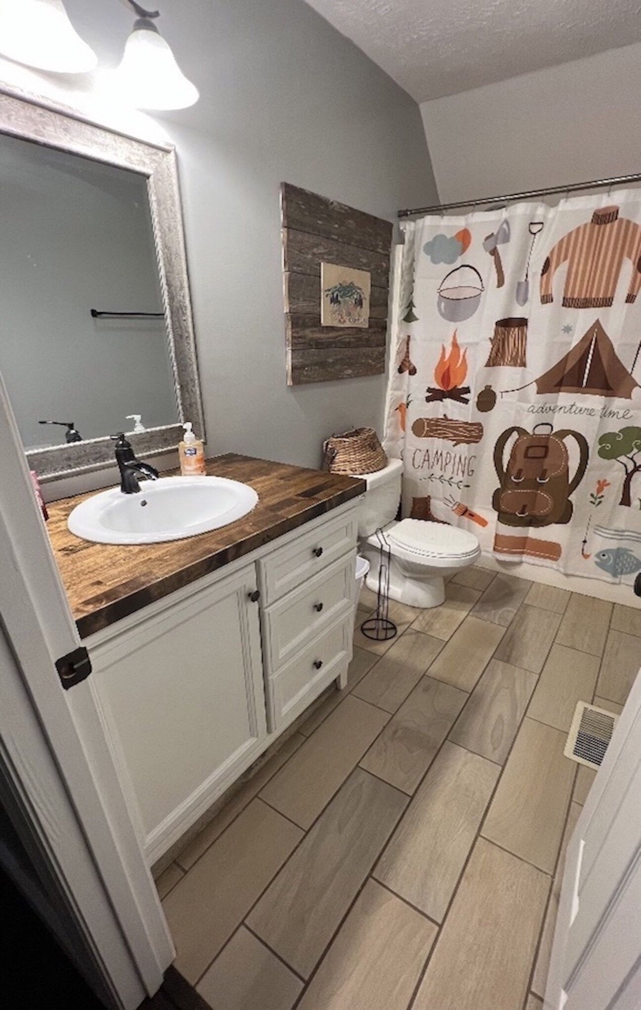 Bañera con ducha, secador de pelo, toallas, papel higiénico