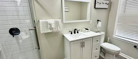 A bathroom with a glass shower enclosure, a white sink, a mirror, and a toilet.