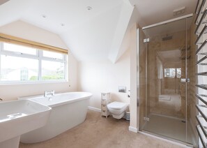 Une salle de bain moderne avec une baignoire sur pieds, une douche à parois de verre et des toilettes.