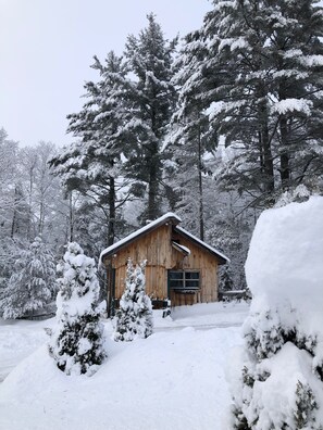Une cabane en bois entourée d’arbres couverts de neige.