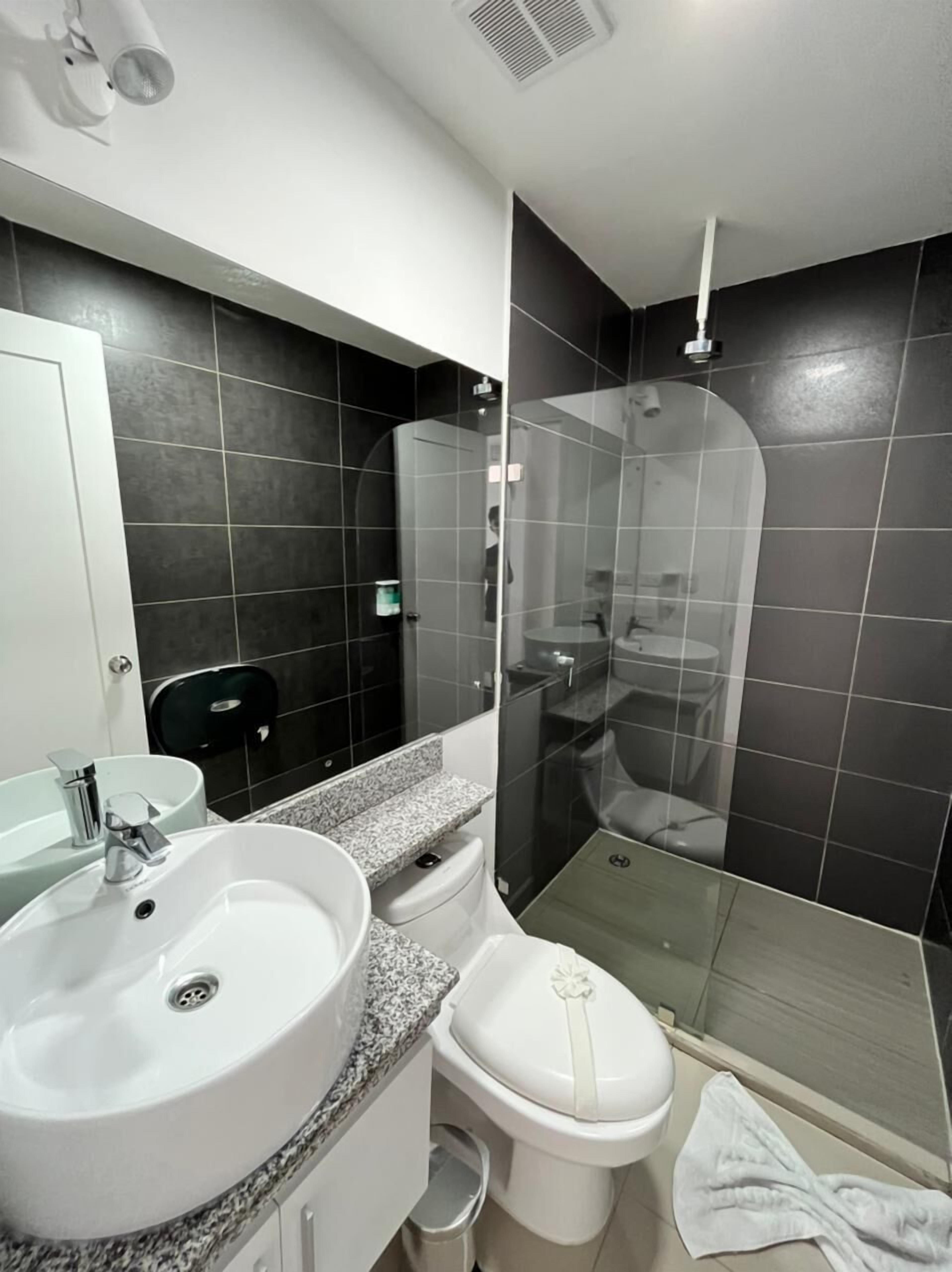 Douche, douche à « effet pluie », sèche-cheveux, serviettes fournies