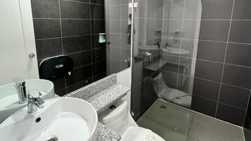 Douche, douche à « effet pluie », sèche-cheveux, serviettes fournies