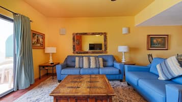 Family Villa, 2 Bedrooms, Ocean View | Living area | 44-inch LED TV with cable channels, TV