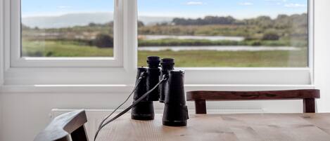 A pair of binoculars on a wooden table by a window with a view of a lake and greenery.