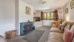 A cozy living room with a fireplace, a sofa, a television, and a window with curtains. - Brook Cottage - village cottage close to pubs and walks (Coniston)