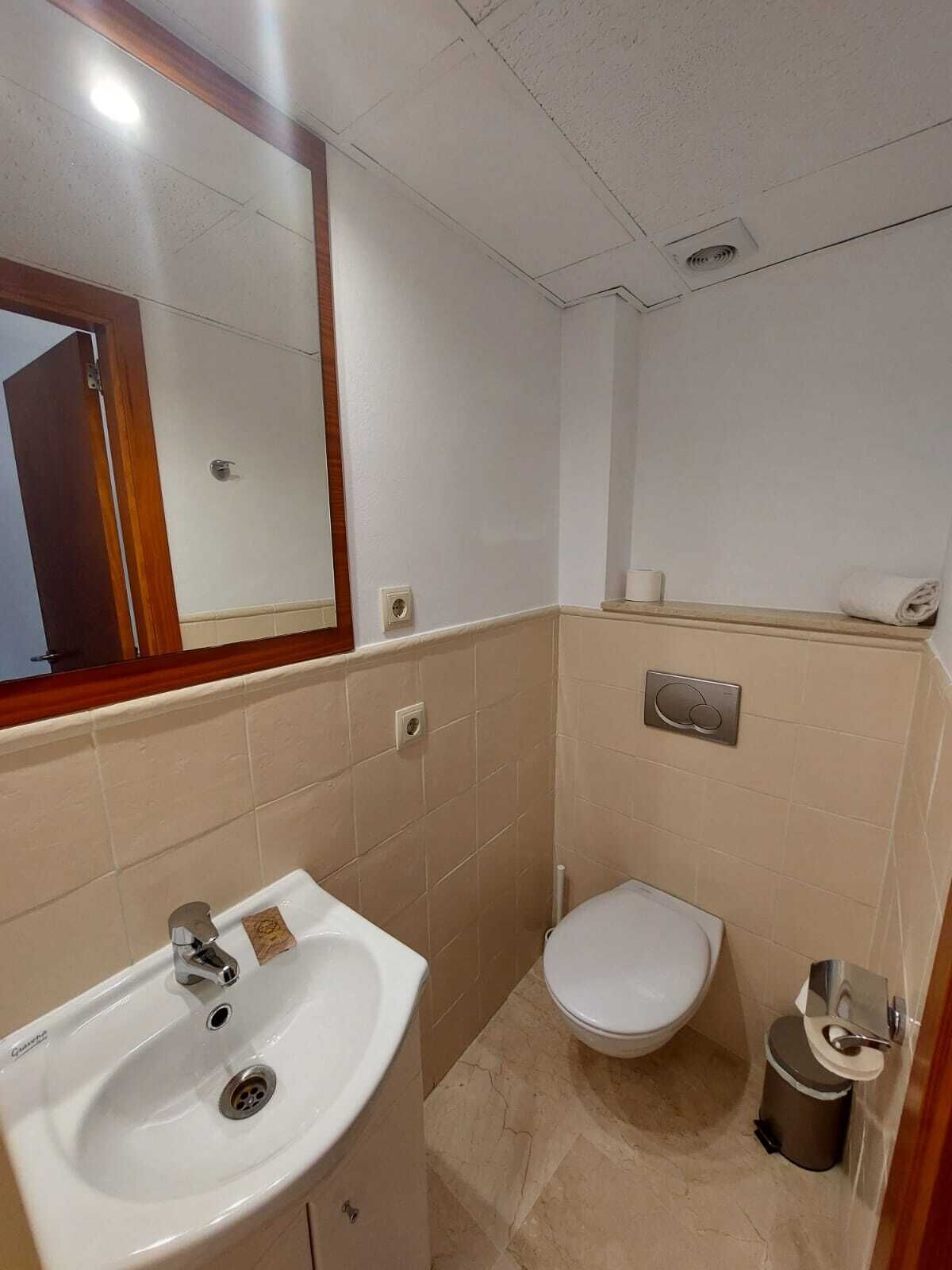 A small, clean bathroom with a sink, toilet, and mirror.