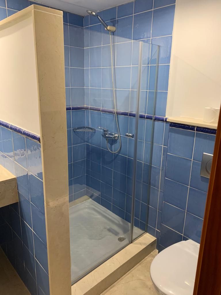 A bathroom with a glass-enclosed shower, a white toilet, and blue-tiled walls.