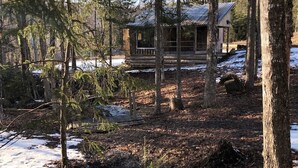 Un chalet rustique entouré d’une forêt, avec un petit ruisseau et quelques zones où la neige persiste.