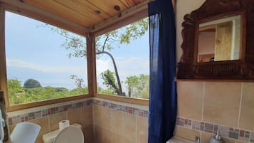 Shower, towels, soap, toilet paper